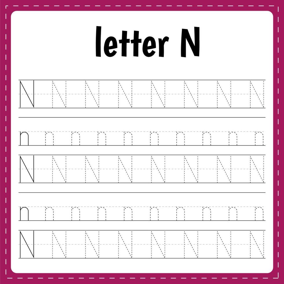 l'écriture des lettres. tracé page. entraine toi feuille. feuille de travail pour enfants. apprendre alphabet. lettre n vecteur