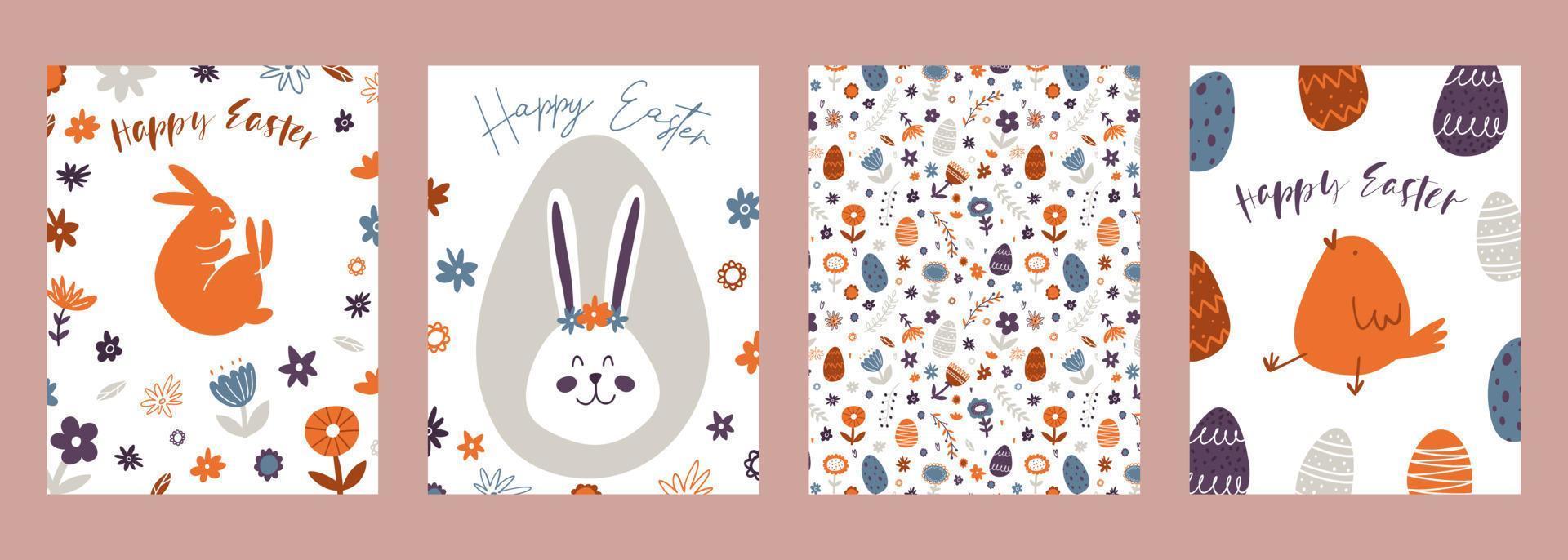 ensemble de content Pâques salutation cartes. main tiré coloré végétaux, lapin, poulet, des œufs dans moderne minimaliste style vecteur