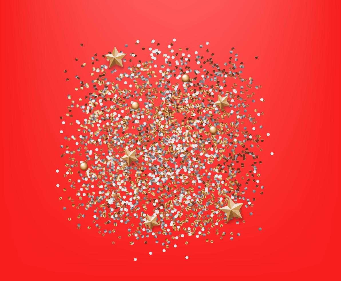 Différents éléments de Noël or et argent et confettis sur fond rouge vecteur
