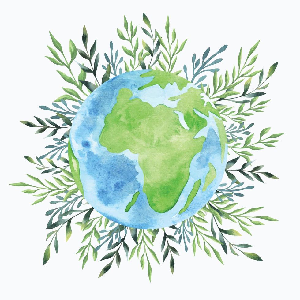 aquarelle illustration pour Terre journée et paix journée. une dessin de une globe avec continents et océans encadré par couronne de vert branches avec feuilles. le thème de l'amour pour écologie, paix et le Terre. vecteur