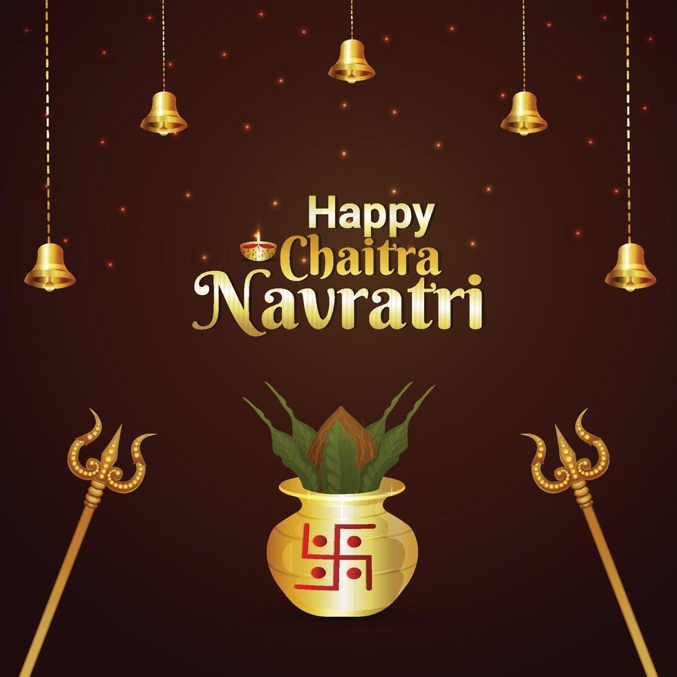 Carte de voeux joyeux chaitra navratri célébration avec kalash doré et trishul vecteur