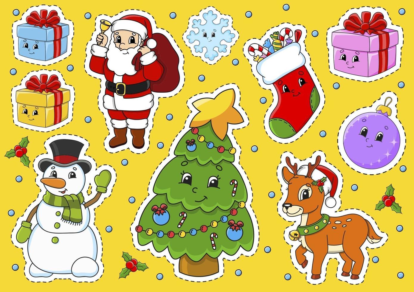 ensemble d'autocollants avec des personnages de dessins animés mignons. thème de Noël. dessiné à la main. pack coloré. illustration vectorielle. collection de badges de patch. éléments de conception d'étiquettes. pour planificateur quotidien, agenda, organisateur. vecteur