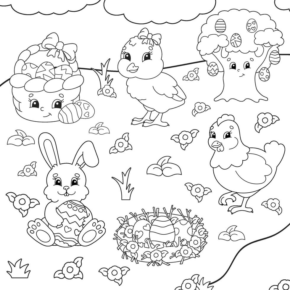 livre de coloriage pour les enfants. clipart de Pâques. personnages joyeux. illustration vectorielle. style de dessin animé mignon. silhouette de contour noir. isolé sur fond blanc. vecteur