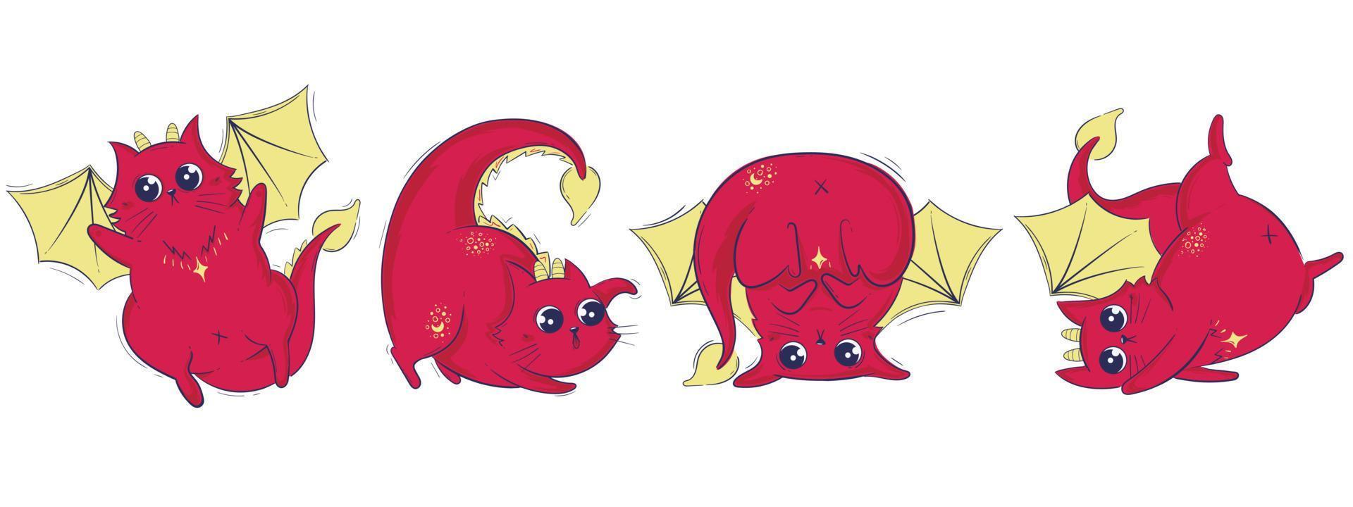 prêt rouge chat-dragon collection. adorable chatons avec ailes et queues dans divers pose clipart vecteur