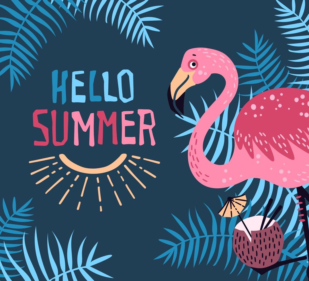 vecteur flamant rose mignon avec un cocktail tropical. lettrage bonjour l'été.