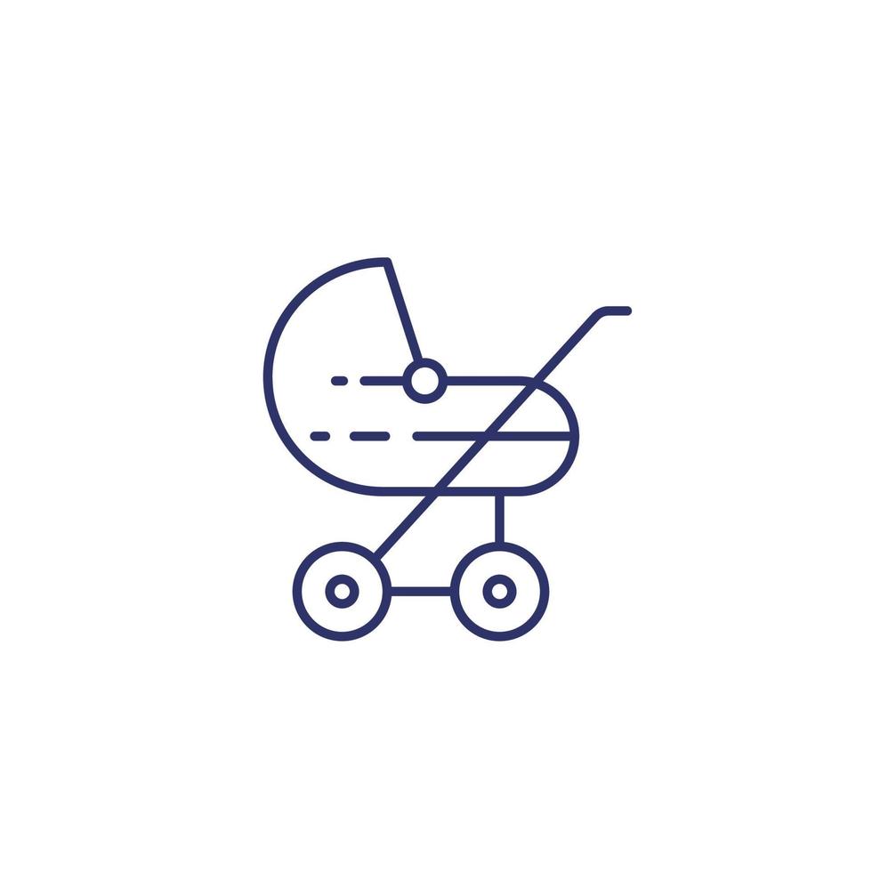 icône de poussette de bébé sur blanc, ligne vecteur