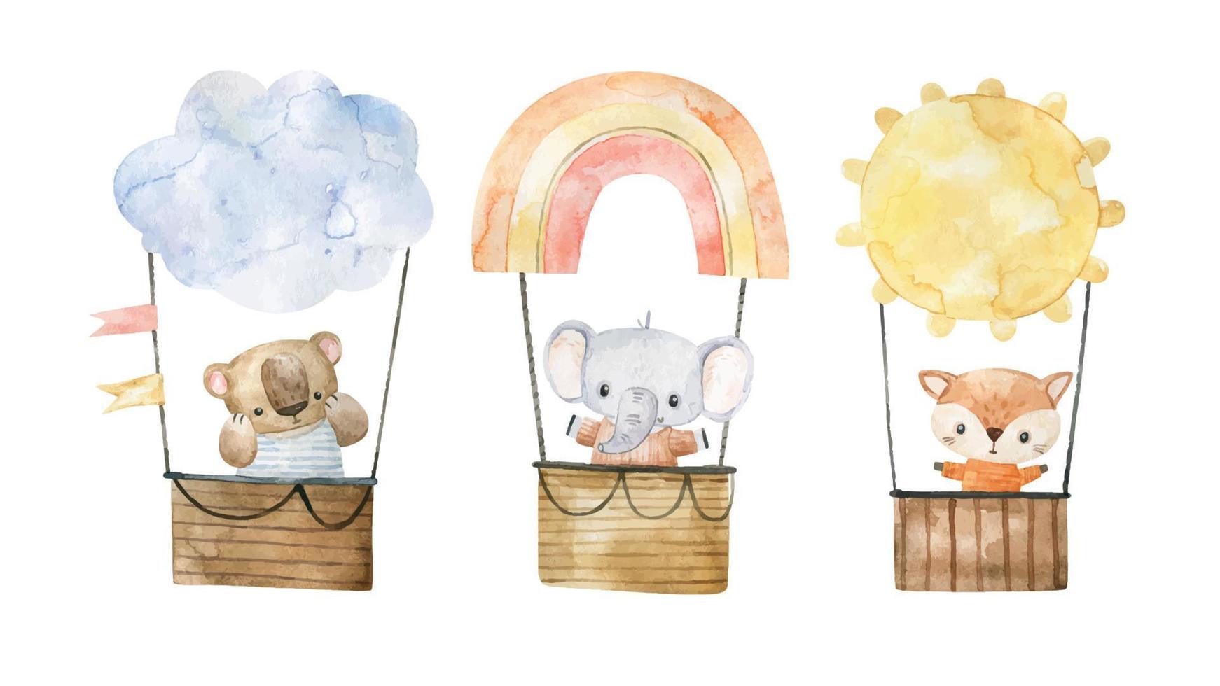 mignonne puéril illustration avec animaux sur chaud air ballon, transport. aventure affiche vecteur