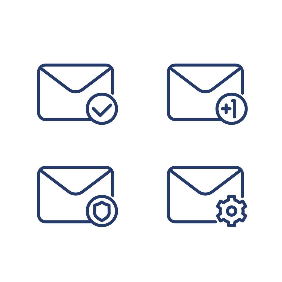 e-mail, boîte de réception, icônes de ligne de courrier sur blanc vecteur
