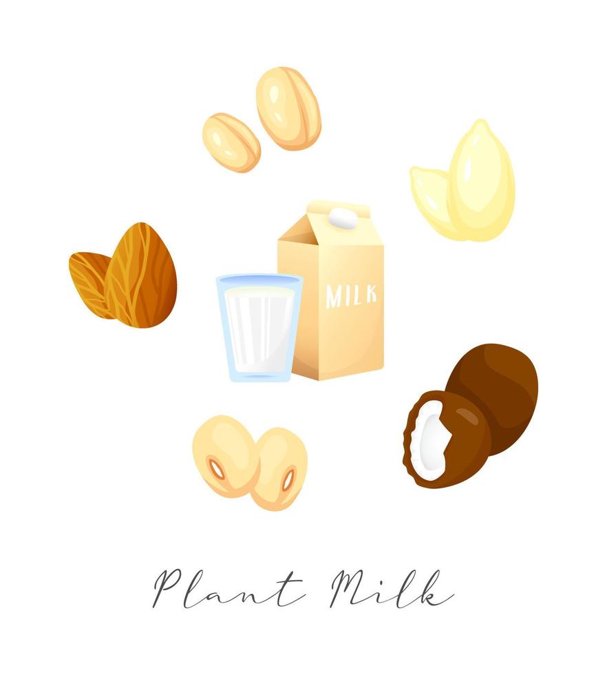 réaliste dessin animé plante Lait bannière. coloré différent lactose gratuit Lait vecteur illustration. verre de lait, Lait bouteille et alternative Lait variations icône isolé sur blanc Contexte.