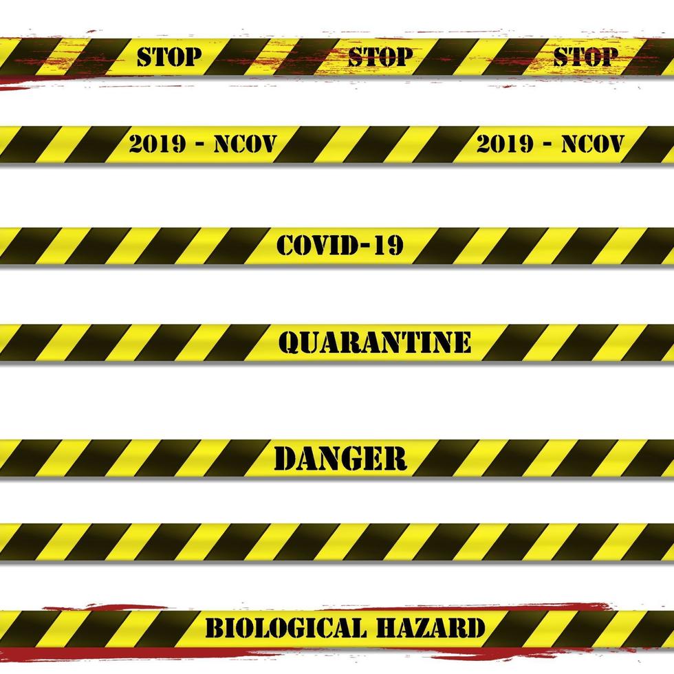 rayures restrictives avec les mots quarantaine, covid-19, danger et arrêtez-vous avec des éclaboussures d'ombre et de sang sur fond blanc. vecteur