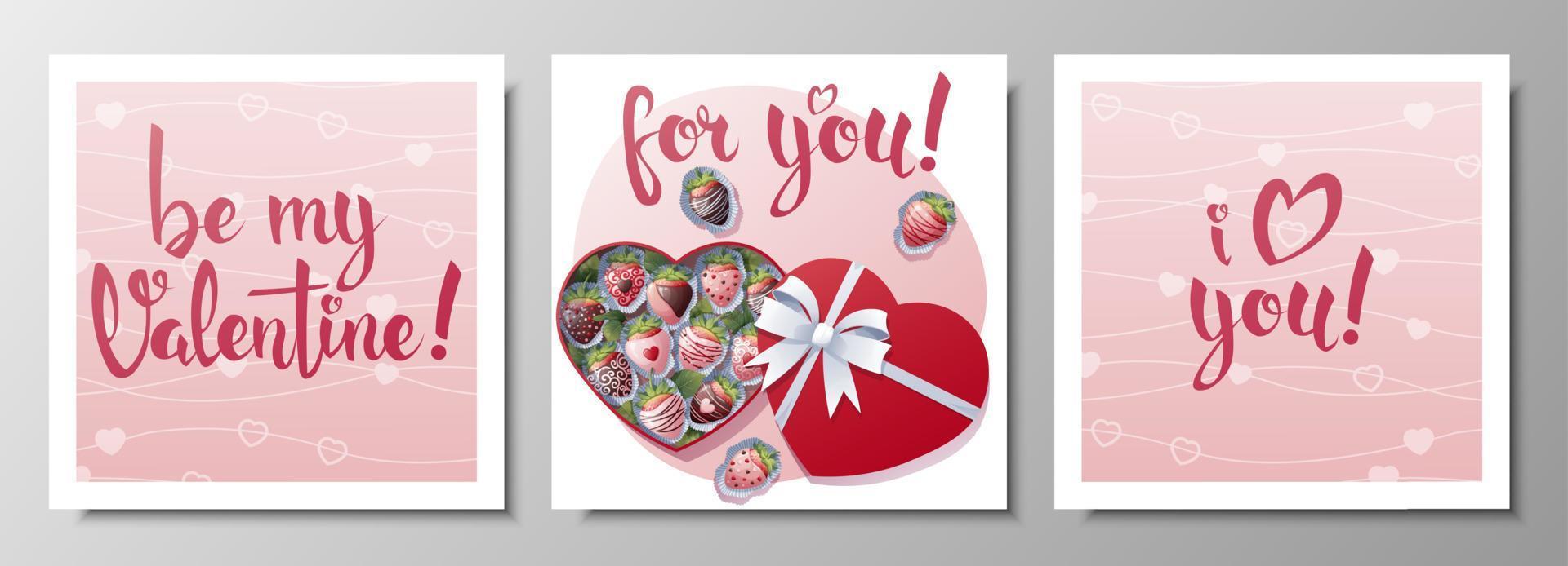 ensemble de carré salutation cartes pour Valentin s journée. une boîte de enrobé de chocolat des fraises. affiche, bannière, prospectus avec manuscrit toutes nos félicitations. vecteur