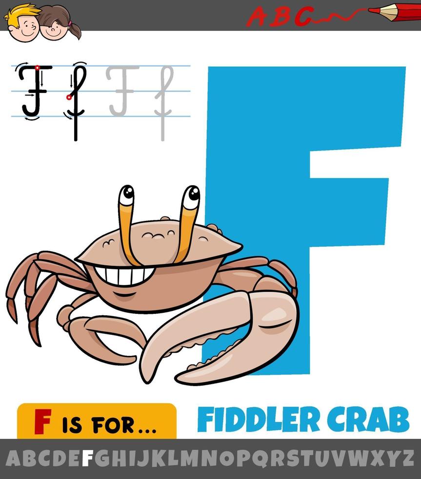 Lettre f de l'alphabet avec animal de crabe violoniste de dessin animé vecteur