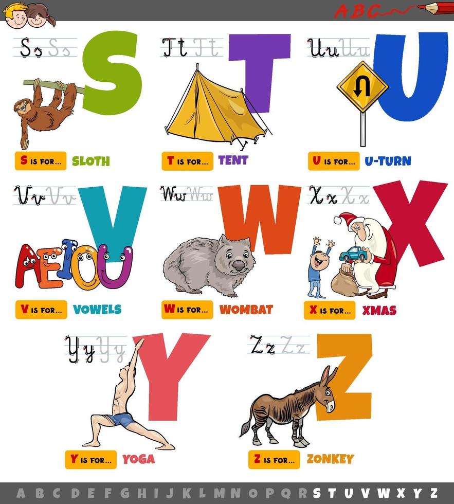 lettres de l'alphabet de dessin animé éducatif pour les enfants de s à z vecteur