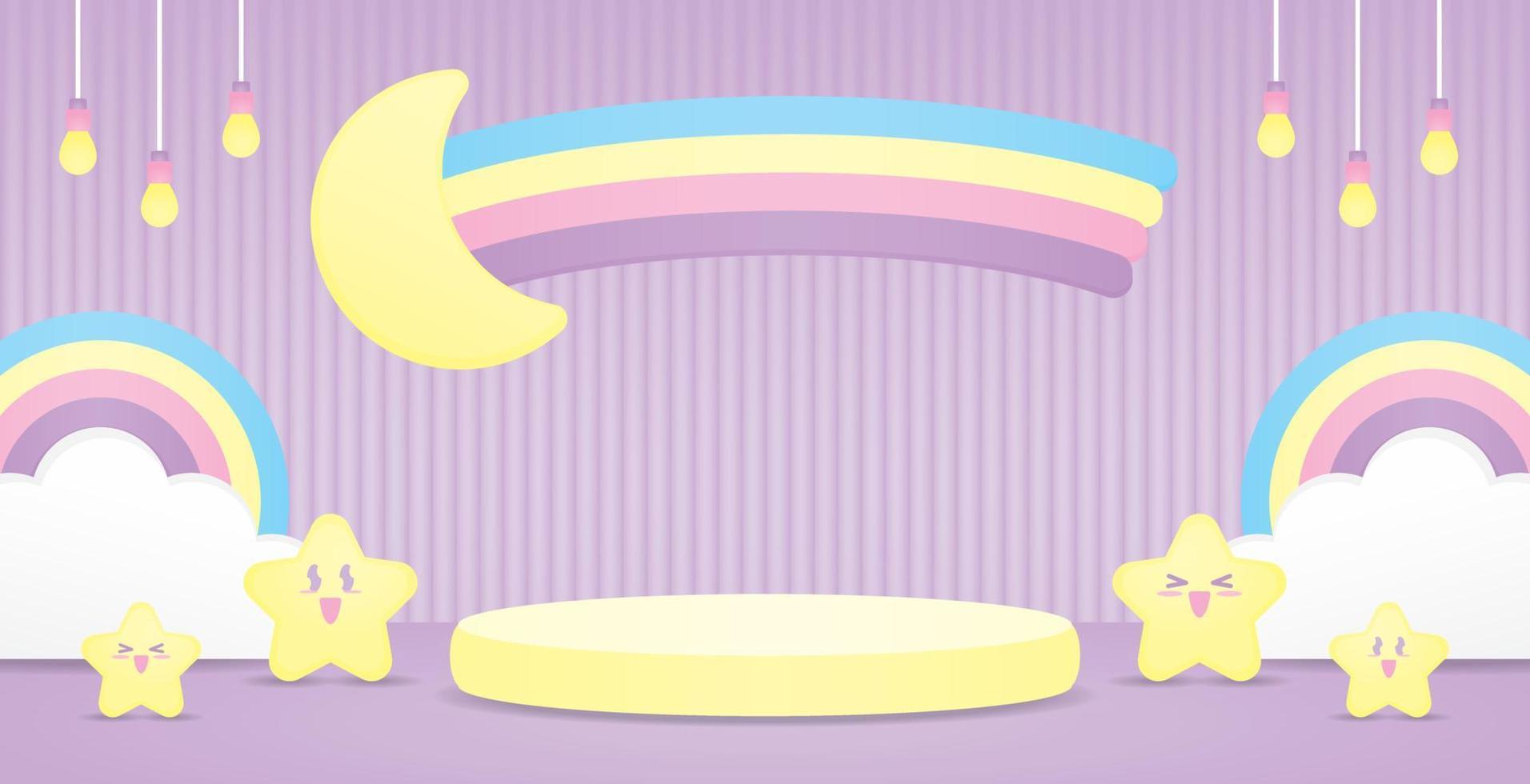 mignonne Jaune podium afficher supporter avec kawaii content étoiles et mignonne croissant lune avec coloré arc en ciel signe sur sucré pastel violet sol et mur Contexte 3d illustration vecteur pour en mettant objet