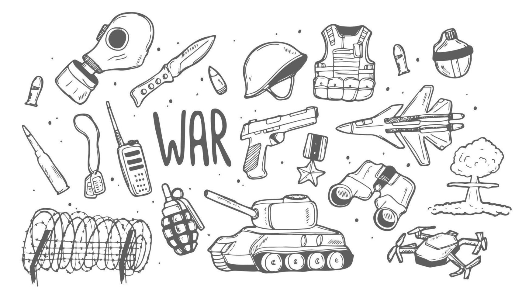 griffonnage militaire et guerre ensemble. esquisser des illustrations de guerre concept. lineart isolé sur blanc vecteur