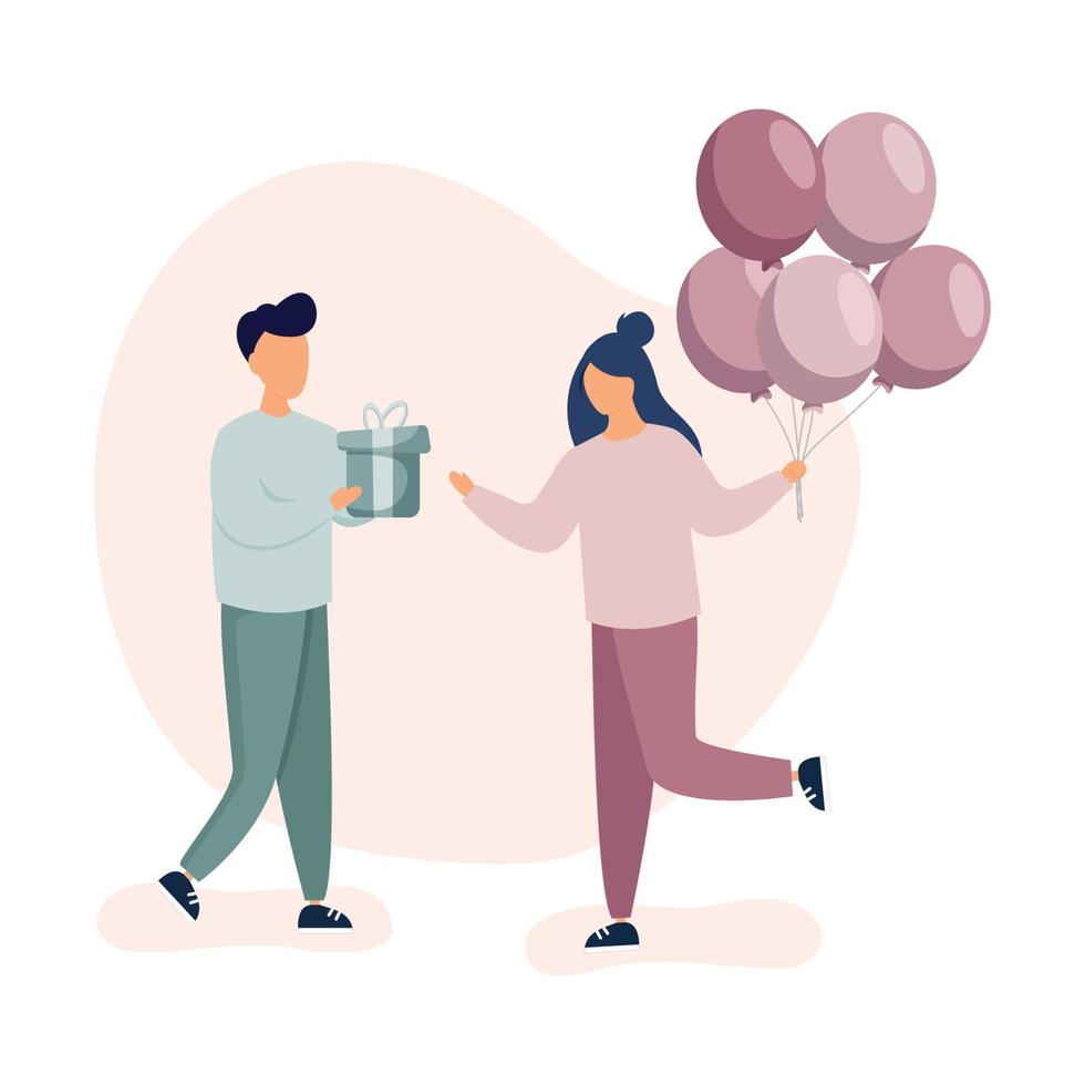 homme dans l'amour donne femme permanent avec ballon cadeau boîte pour célébrer anniversaire. valentines journée concept. vecteur