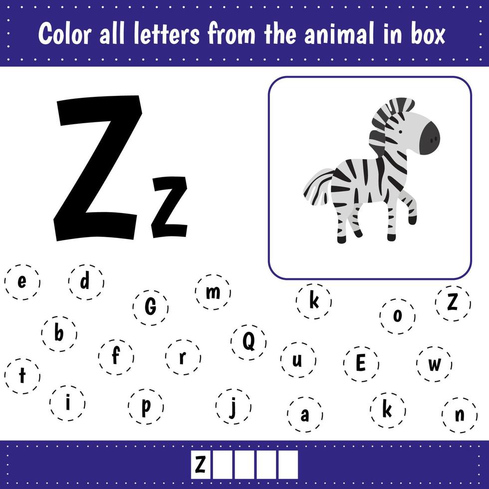 apprentissage Anglais alphabet. des lettres reconnaissance. Couleur tout des lettres zz. éducatif feuille de travail pour école et Jardin d'enfants. z est pour zèbre. vecteur