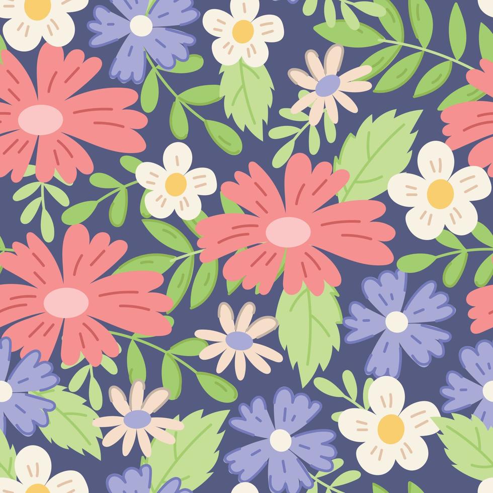 vecteur floral plat sans couture modèle. fleurs sauvages, marguerites, bleuets et vert feuilles.