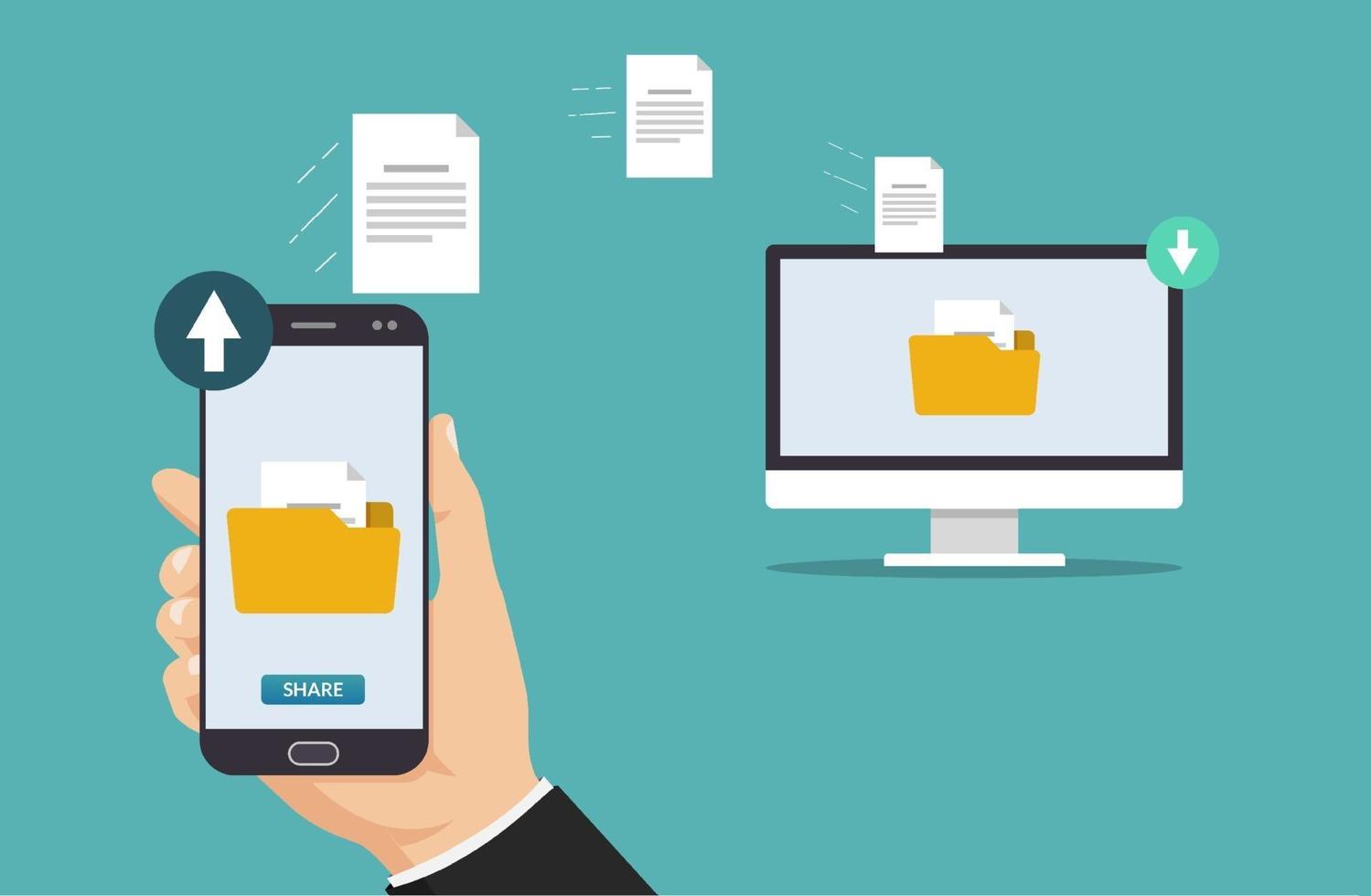 concept de transfert de fichiers. main tenant le smartphone transférant le dossier et les fichiers à l & # 39; illustration vectorielle de l & # 39; ordinateur. vecteur