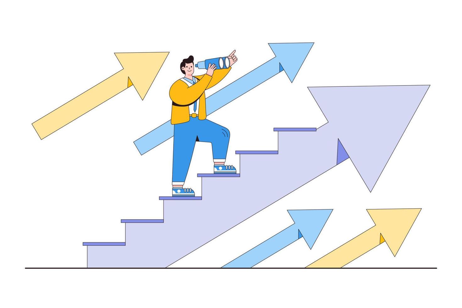 homme d'affaire travail découverte façons à développer entreprise et chercher vision chemin objectif Succès avec jumelles. contour conception style minimal vecteur illustration pour atterrissage page, la toile bannière, héros images