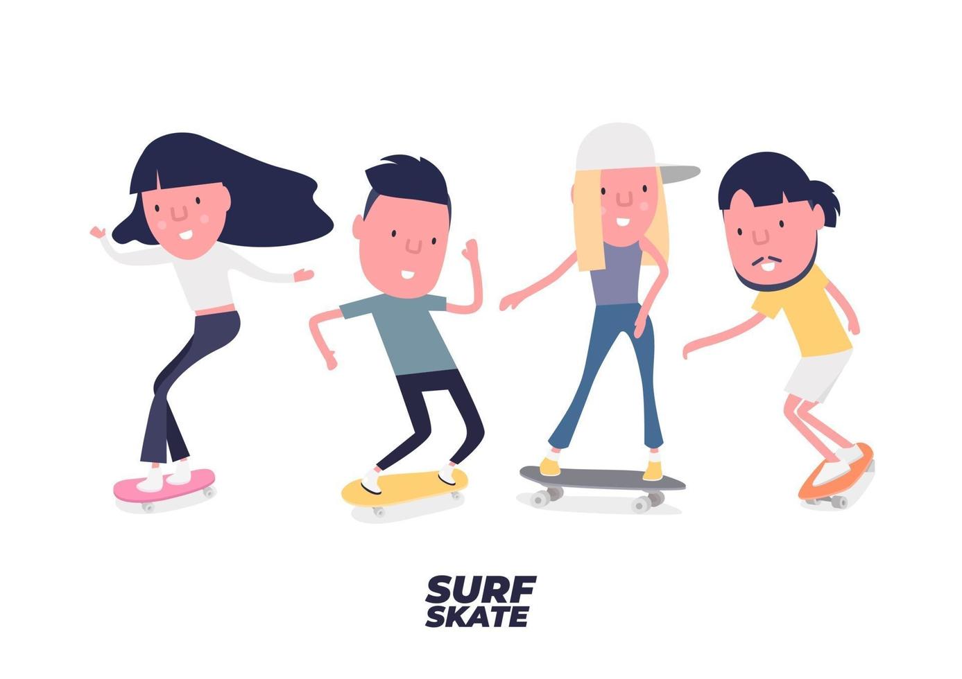 ensemble de skateboarder. jeune garçon et fille surfent sur skateboard ou surf skate. les gens sur des patins. personnage de dessin animé drôle. vecteur