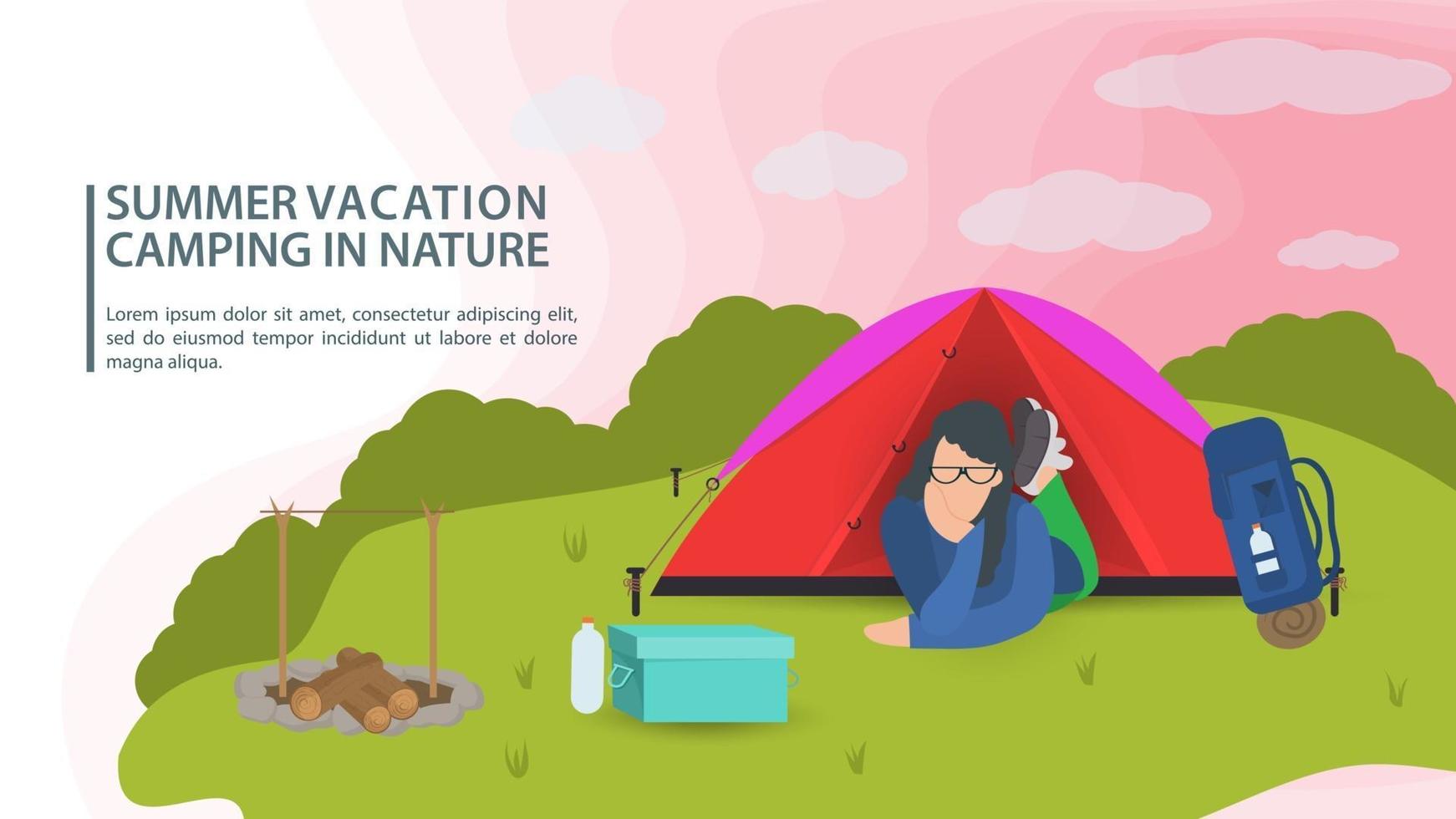 bannière pour la conception du camping d'été dans la nature une fille se trouve dans une tente touristique sur une illustration vectorielle plane pelouse verte vecteur