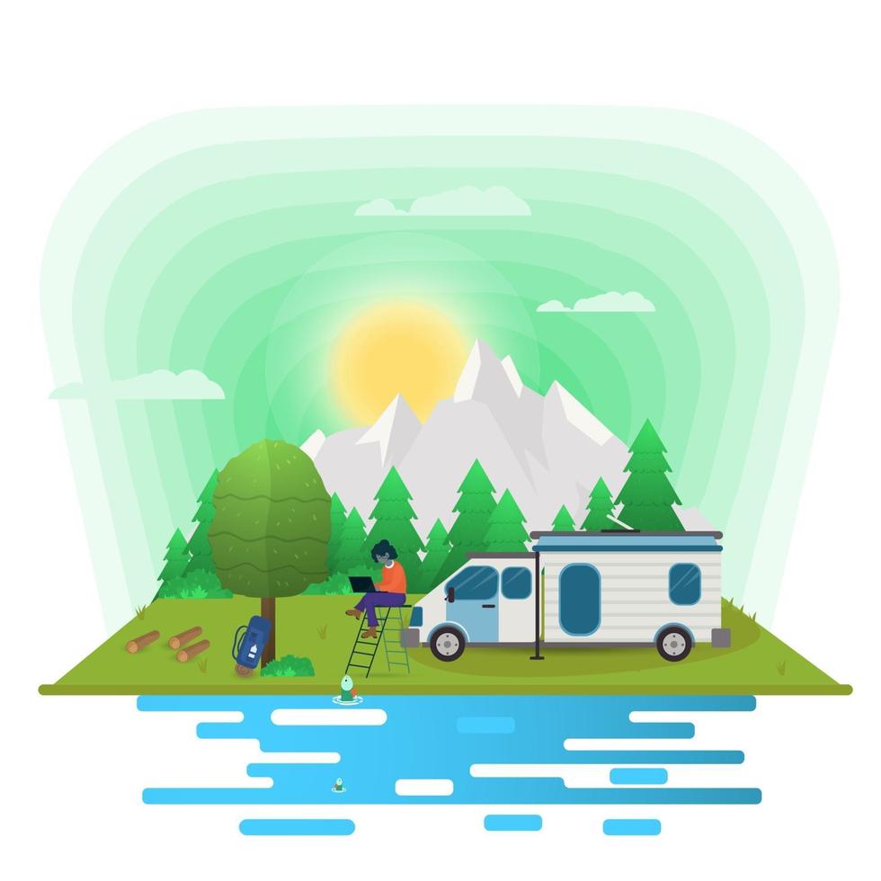 fond de paysage de journée ensoleillée pour camp d'été tourisme nature camping ou randonnée web design concept fille avec ordinateur portable assis sur les escaliers à côté d'une maison sur roues illustration vectorielle plane vecteur