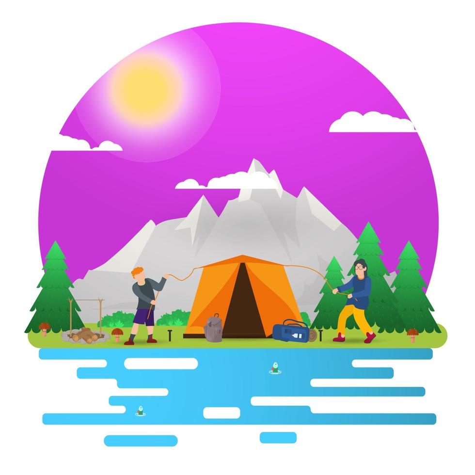 fond de paysage de journée ensoleillée pour camp d'été tourisme nature camping ou randonnée concept de conception de sites Web personnes mis en place une illustration vectorielle plane tente touristique vecteur