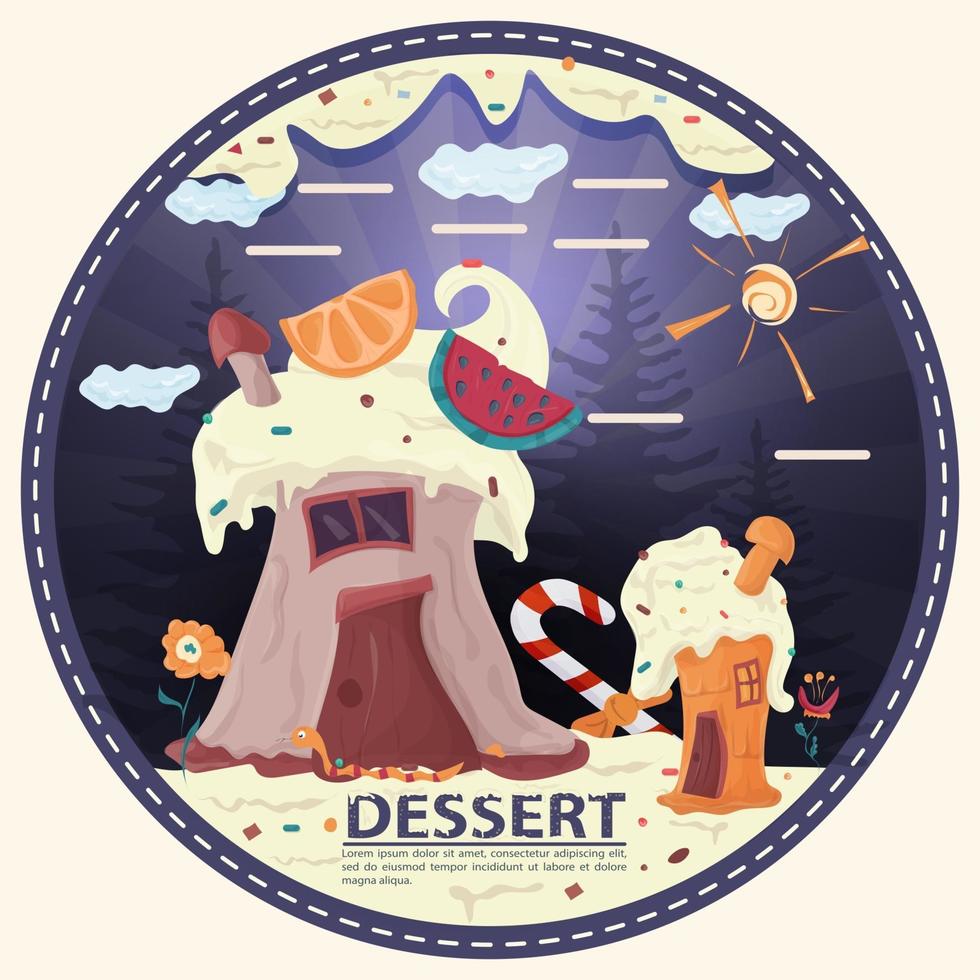 Deux maisons de petits gâteaux dans une clairière de fleurs de glaçage avec les mots dessert design plat autocollant rond vecteur