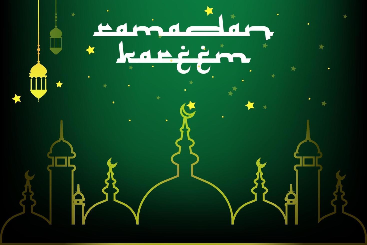 conception de fond de voeux islamique ramadan kareem avec mosquée de silhouette et calligraphie arabe en vecteur de couleur de style vert et or foncé