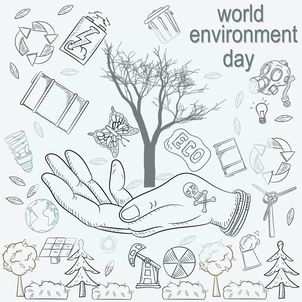 illustration de contour pour la conception de divers objets de la vie humaine, le thème de la journée mondiale de l'environnement vecteur