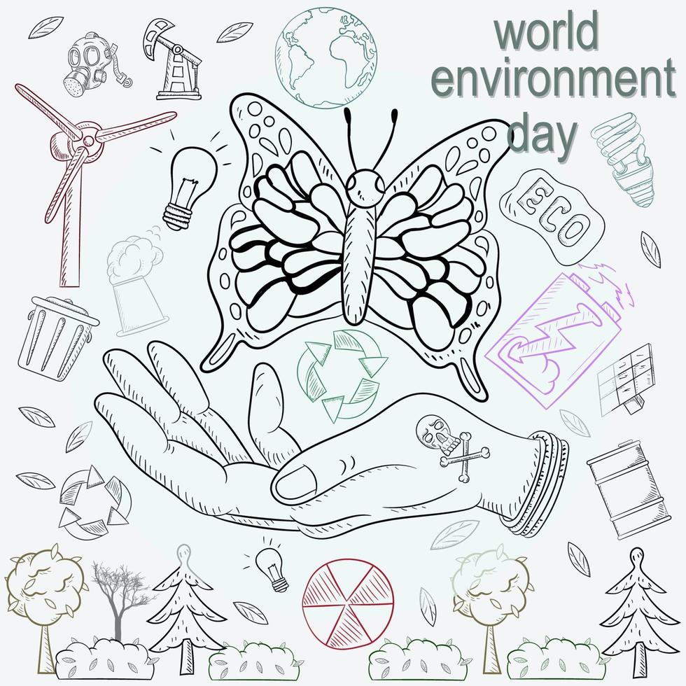 illustration de contour pour la conception de divers objets de la vie humaine, le thème de la journée mondiale de l'environnement vecteur