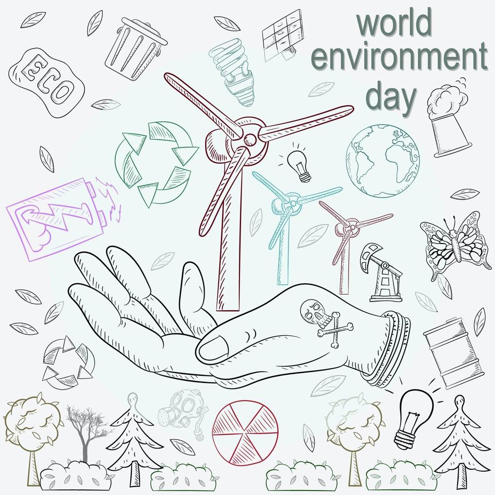 illustration de contour pour la conception de divers objets de la vie humaine, le thème de la journée mondiale de l'environnement vecteur