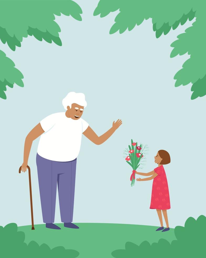 la petite-fille donne des fleurs à son grand-père vecteur
