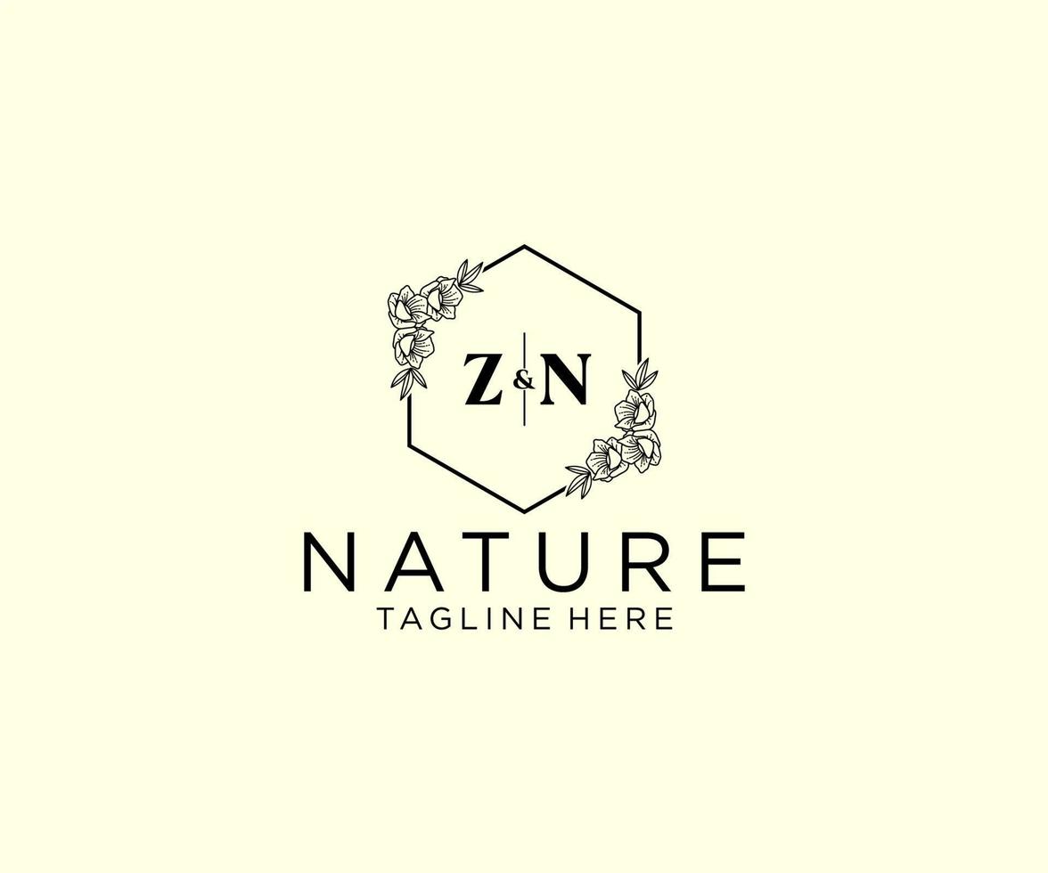 initiale zn des lettres botanique féminin logo modèle floral, modifiable premade monoline logo adapté, luxe féminin mariage l'image de marque, entreprise. vecteur