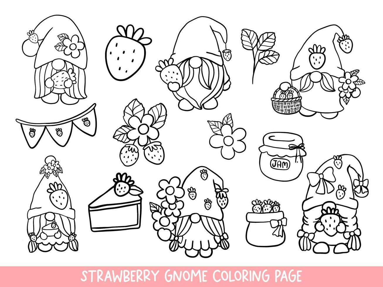 Doodle de gnomes aux fraises, coloriage de gnome aux fraises. vecteur