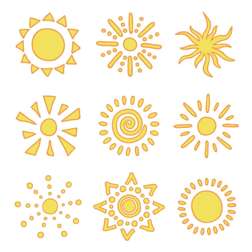 symbole de soleil abstrait dessiné à la main. jeu de doodle d'été. éléments vectoriels pour la conception vecteur