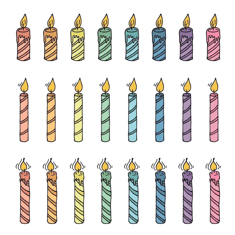 ensemble de bougies d'anniversaire brûlantes. illustration de doodle unique. clipart dessiné à la main pour carte, logo, design vecteur