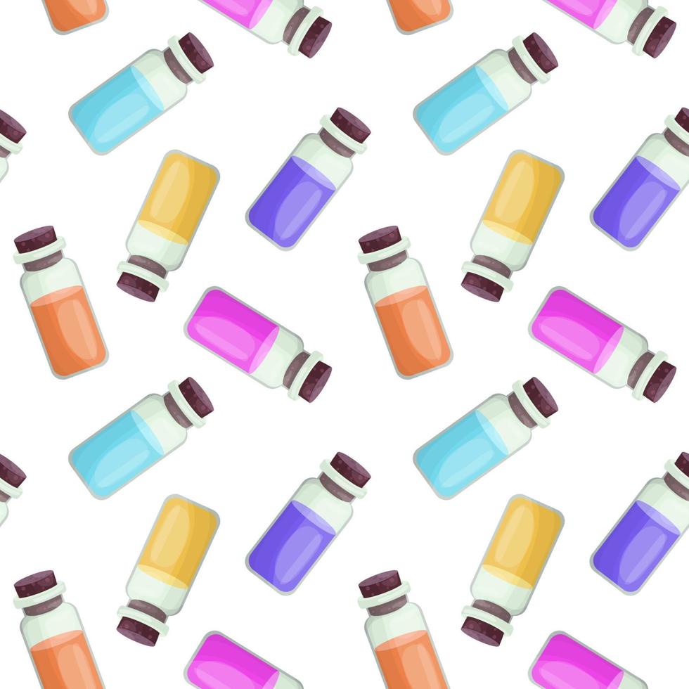 vecteur illustration de une sans couture modèle avec petit verre bouteilles dans dessin animé style. multicolore bouteilles avec en bois bouchons avec pétrole ou médicament. pour emballage ou emballage papier