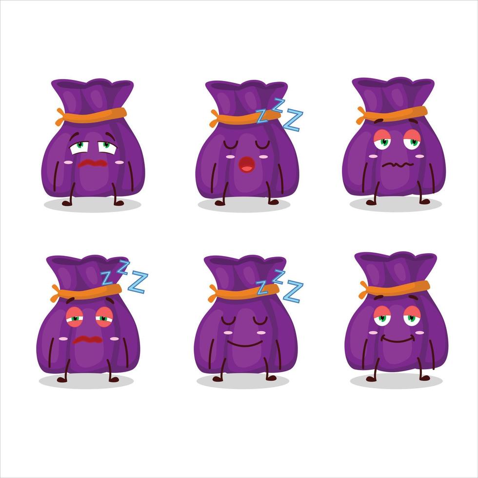 dessin animé personnage de violet bonbons sac avec somnolent expression vecteur