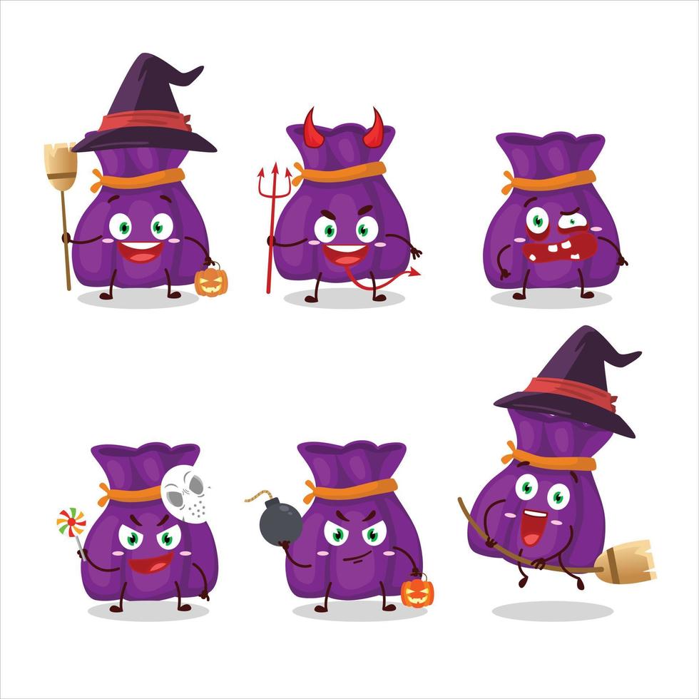 Halloween expression émoticônes avec dessin animé personnage de violet bonbons sac vecteur