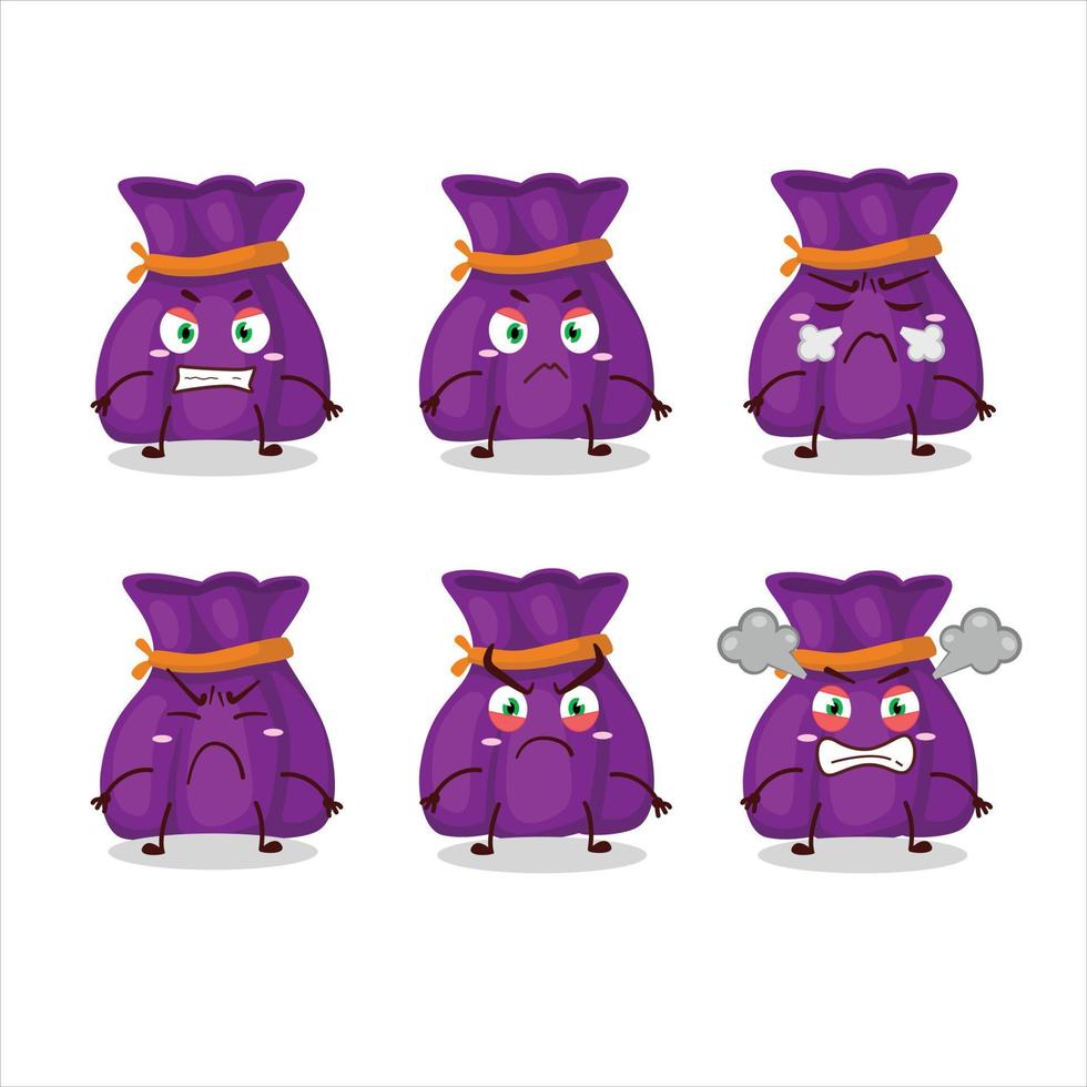 violet bonbons sac dessin animé personnage avec divers en colère expressions vecteur