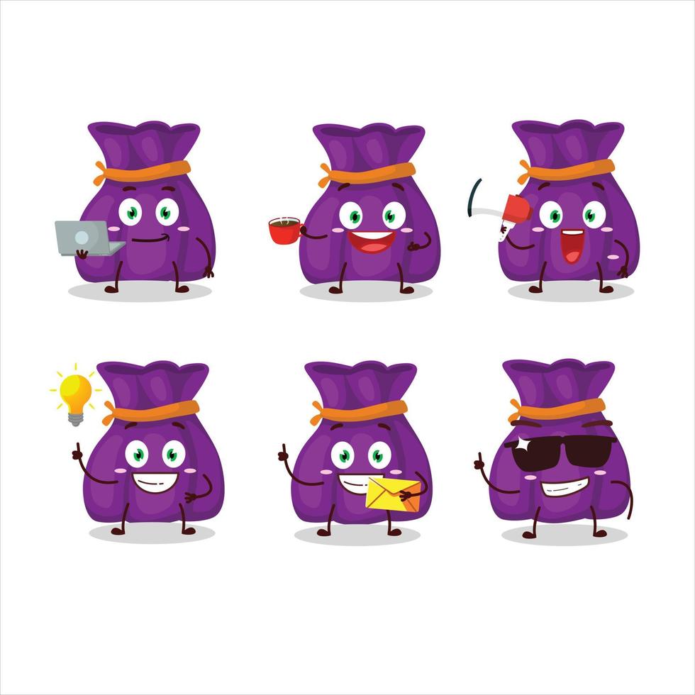 violet bonbons sac dessin animé personnage avec divers les types de affaires émoticônes vecteur