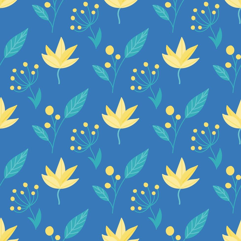 jolies fleurs jaune-vert, plantes sur fond bleu. motif floral sans soudure de vecteur dans un style plat