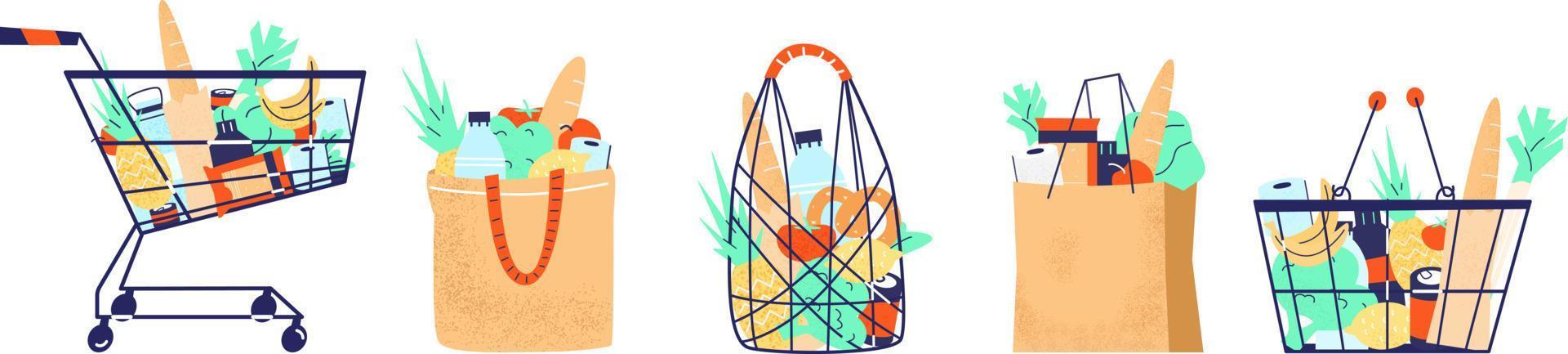 plein achats Sacs, paniers, Chariot, chaîne sac avec les courses ensemble. des fruits, légumes, baguette, en conserve aliments. épicerie achat. isolé sur blanche. plat vecteur illustration.