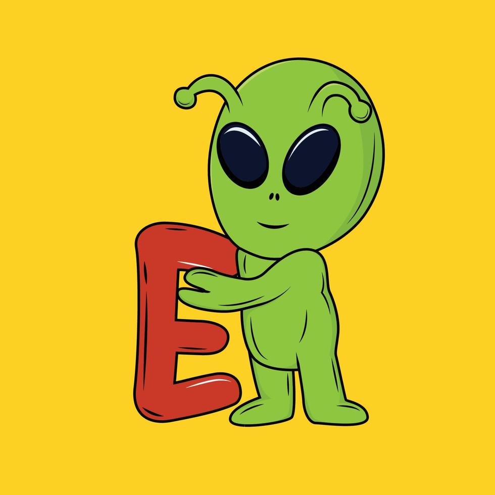 mignonne extraterrestre avec e lettre dessin animé autocollant vecteur illustration