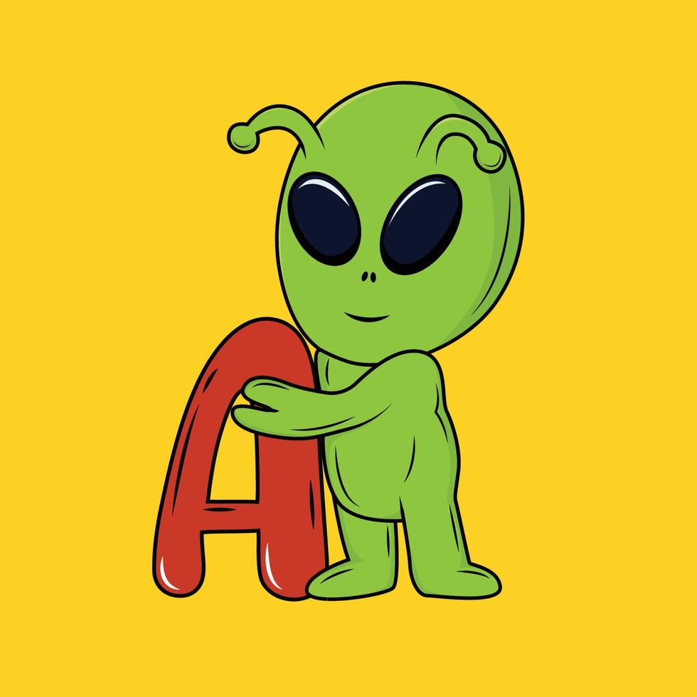 mignonne extraterrestre avec une lettre dessin animé autocollant vecteur illustration