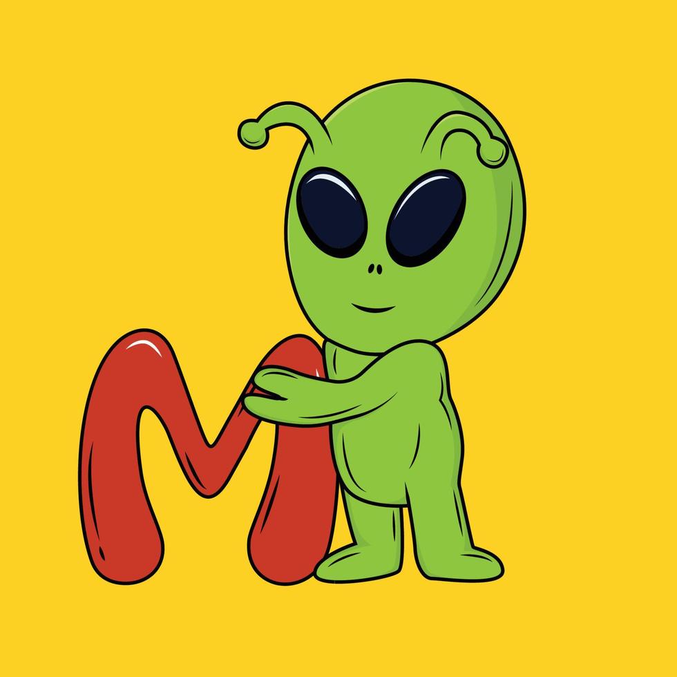 mignonne extraterrestre avec m lettre dessin animé autocollant vecteur illustration