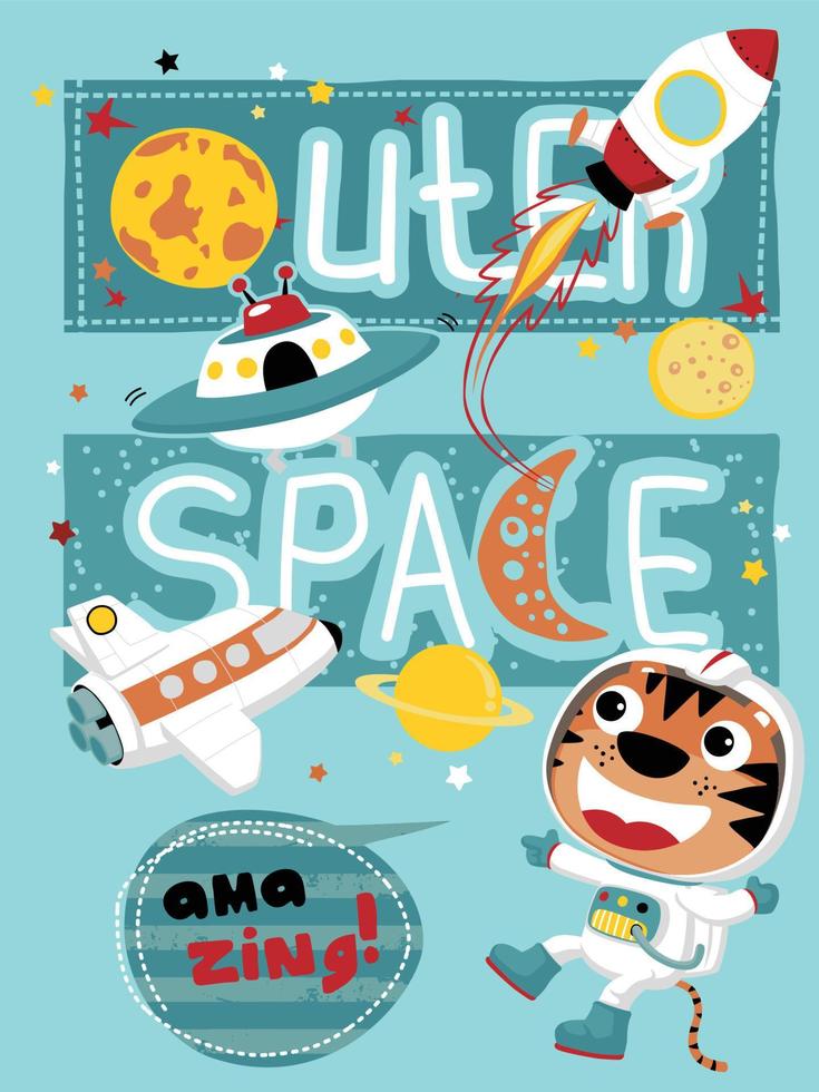 vecteur dessin animé de mignonne tigre dans astronaute costume avec vaisseau spatial, espace éléments illustration