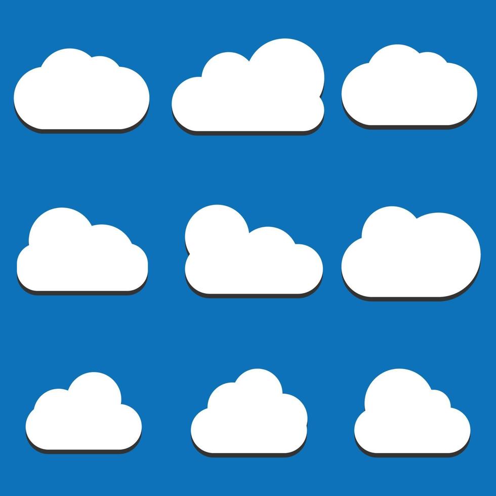 ensemble d'icônes de nuage dans un style branché plat isolé sur fond bleu. symbole de nuage pour la conception de votre site Web, logo, application, interface utilisateur. vecteur